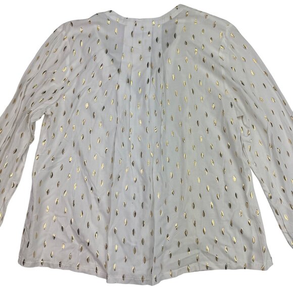 Solitaire White/Gold Geometric Foil Neck Tie ruffle cuff Blouse Women's sz XL - Picture 4 of 9